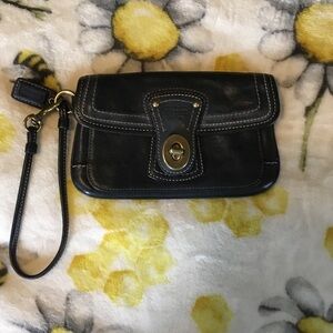 Coach Black Leather Wristlet with Gold Accents